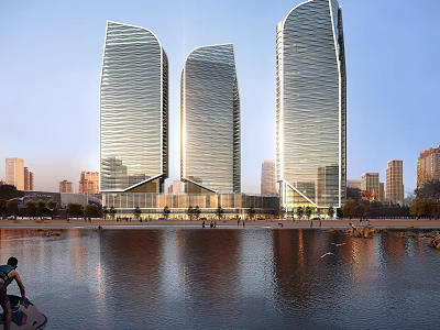 Modern Glassy Office Buildings By Waterfront With Sunset Light And Urban Landscape 3d model