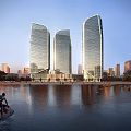 Modern Glassy Office Buildings By Waterfront With Sunset Light And Urban Landscape