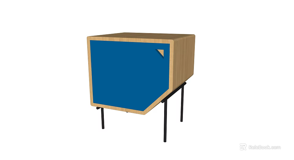 Modern Bedside Table Design With Wooden Frame Blue Panel And Black Legs 3d model 