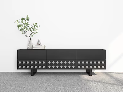 Black TV Stand With White Circular Dots And Green Plant Vase Decorative Item Books 3d model