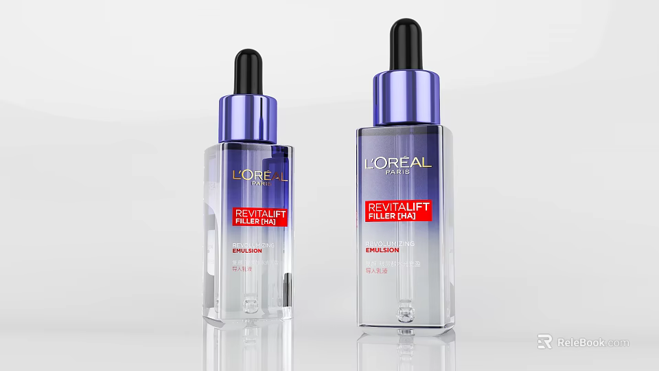 Loreal Revitalift Filler Serum Transparent Bottles With Blue Black Caps Small And Large Sizes 3d model 