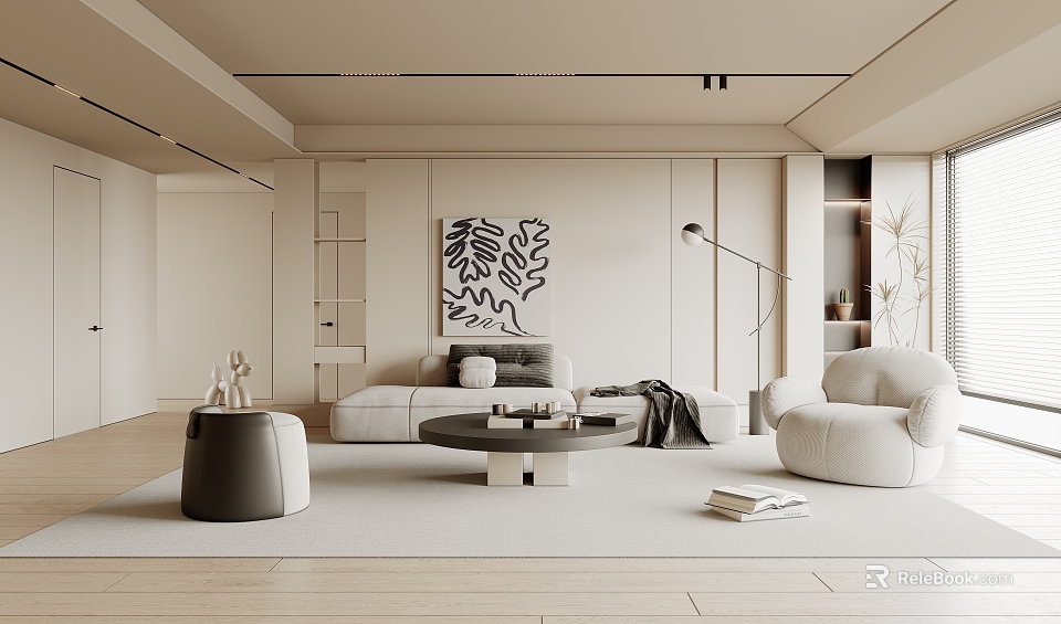 Modern Living Room Interior With Beige Sofa Round Armchair Coffee Table And Artwork 3d model 
