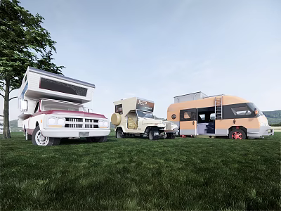 Different Style Recreational Vehicles Parked On Green Grass Field With Trees 3d model