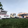 Different Style Recreational Vehicles Parked On Green Grass Field With Trees