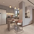 Elegant Modern Living Dining Room Interior With Open Concept Marble Accents And Pendant Lights