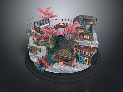 Ancient Architecture Model With Traditional Houses Cherry Blossom Trees Small Bridges Stream And Stone Pavement 3d model