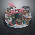 Ancient Architecture Model With Traditional Houses Cherry Blossom Trees Small Bridges Stream And Stone Pavement