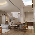 Modern Living and Dining Room Interior Design With Sofa Dining Table Pendant Lights And Staircase