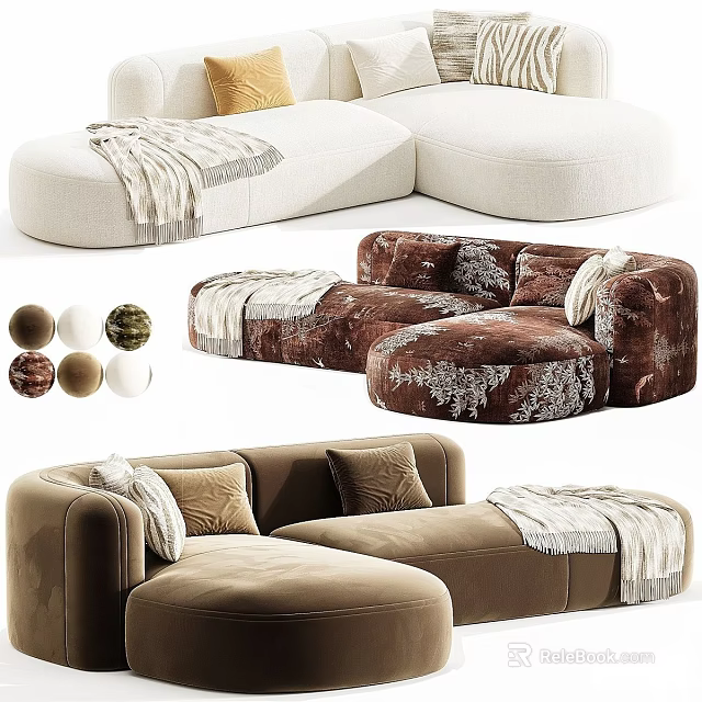 Modern Sectional Sofa With Beige Brown Velvet Fabric Throw Pillows And Ottoman 3d model 