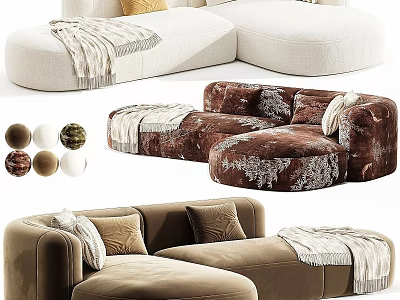 Modern Sectional Sofa With Beige Brown Velvet Fabric Throw Pillows And Ottoman 3d model