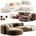 Modern Sectional Sofa With Beige Brown Velvet Fabric Throw Pillows And Ottoman