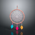 Decorative Dreamcatcher With Circular Web Pink Frame Top Arrow And Colorful Feathers