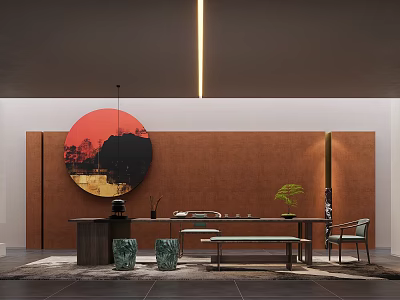 Elegant Tea Room Interior Design With Round Red Black Painting Brown Walls And Green Plant 3d model