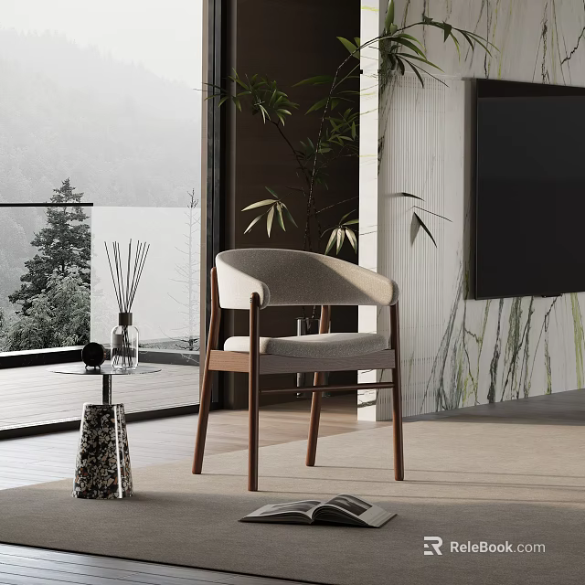Modern Leisure Chair With Wooden Legs In Indoor Space By Window And Greenery 3d model 