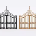 Elegant Wrought Iron Double Gates In Black And Gold With Ornate Designs And Spiked Tops