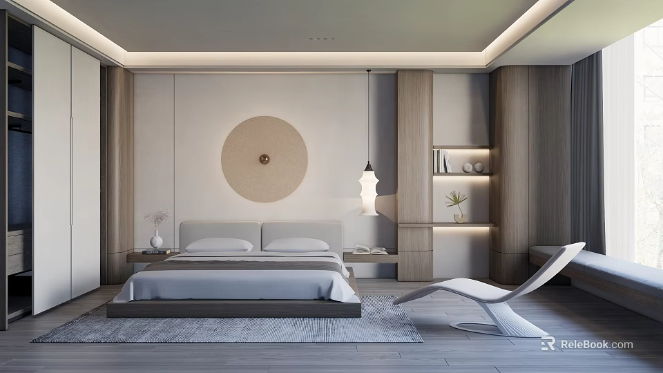 Modern Bedroom With Double Bed White Lounge Chair Round Wall Decor Pendant Light Wooden Panels 3d model 