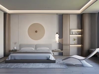 Modern Bedroom With Double Bed White Lounge Chair Round Wall Decor Pendant Light Wooden Panels 3d model