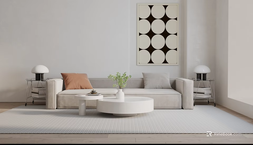 Modern Minimalist Beige Two Seater Sofa With Soft Pillows Round Side Table And Decorative Painting 3d model 