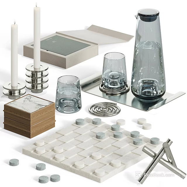 Modern Decorative Ornament Set With Glassware Candles Metal Tray And Chessboard 3d model 