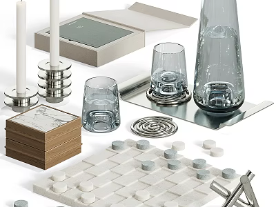 Modern Decorative Ornament Set With Glassware Candles Metal Tray And Chessboard 3d model