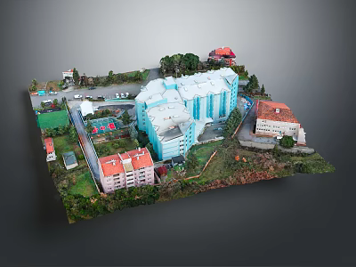 Cartoon Scene Model With Blue High Rise Buildings Red Roof Houses Green Trees And Roads 3d model