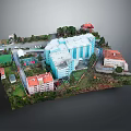 Cartoon Scene Model With Blue High Rise Buildings Red Roof Houses Green Trees And Roads