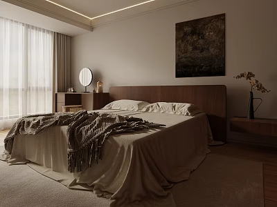 Minimalist Modern Bedroom With Wooden Headboard Bed Knit Blanket Nightstand Mirror Wall Artwork And Curtains 3d model