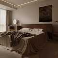 Minimalist Modern Bedroom With Wooden Headboard Bed Knit Blanket Nightstand Mirror Wall Artwork And Curtains