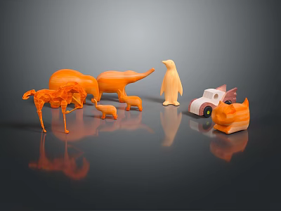 Orange Carved Animal and Vehicle Sculptures Dinosaur Penguin Car on Black Background with Reflections 3d model