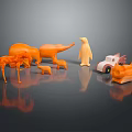Orange Carved Animal and Vehicle Sculptures Dinosaur Penguin Car on Black Background with Reflections