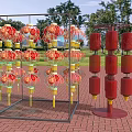 Decorative Red Lanterns On Metal Frame With Green Grass And Trees 3d model