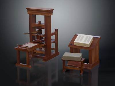 Vintage Wooden Printing Press Equipment With Table Stool And Open Book 3d model