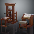 Vintage Wooden Printing Press Equipment With Table Stool And Open Book