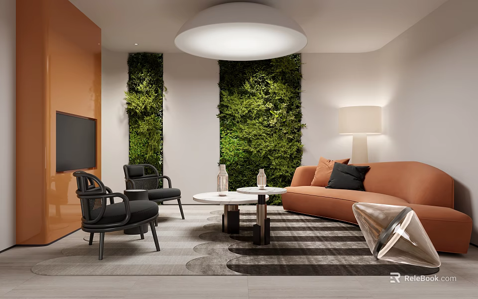 Modern Leisure Area With Orange Sofa Black Chairs And Green Plant Wall 3d model 