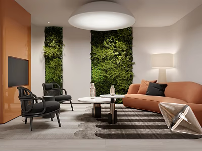 Modern Leisure Area With Orange Sofa Black Chairs And Green Plant Wall 3d model
