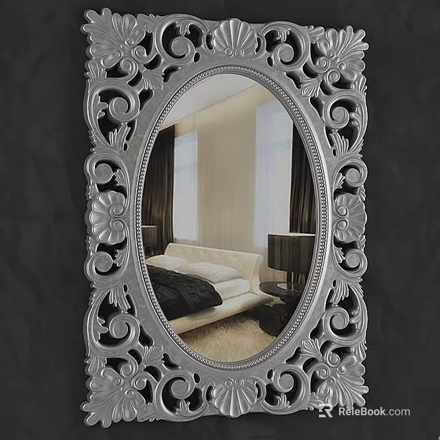 Oval Mirror with Silver Ornate Frame Reflecting Bedroom with Bed and Table Lamp 3d model