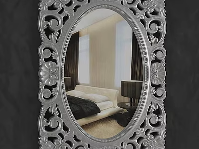 Oval Mirror with Silver Ornate Frame Reflecting Bedroom with Bed and Table Lamp 3d model