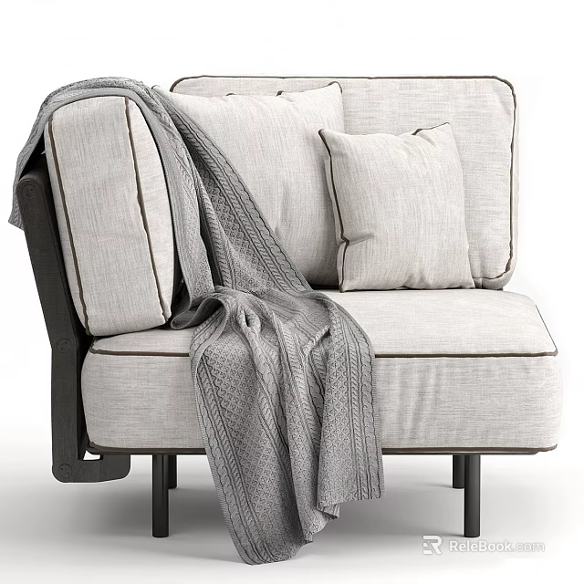 Light Linen Single Seater Sofa With Cozy Pillow Knitted Blanket Dark Frame And Black Legs 3d model 