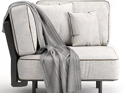 Light Linen Single Seater Sofa With Cozy Pillow Knitted Blanket Dark Frame And Black Legs 3d model