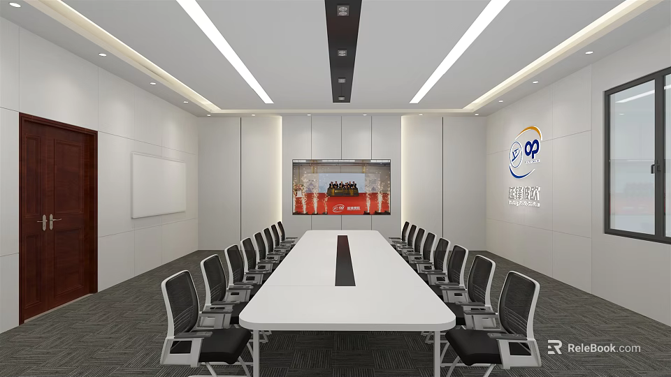Modern Conference Room Interior With Rectangular Table Black Chairs And Large Screen 3d model 
