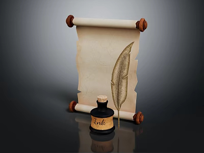 Ancient Scroll with Quill Pen and Ink Bottle on Dark Background 3d model