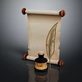 Ancient Scroll with Quill Pen and Ink Bottle on Dark Background 3d model