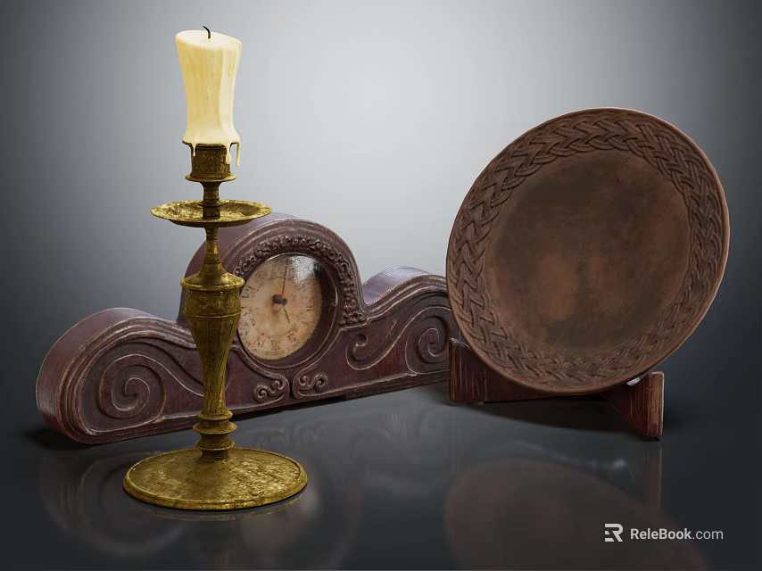 Vintage Brass Candlestick Lamp With Carved Base And Decorative Plate On Wooden Stand 3d model 