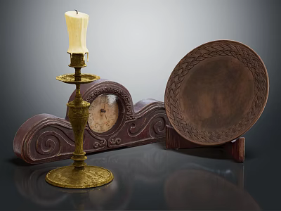 Vintage Brass Candlestick Lamp With Carved Base And Decorative Plate On Wooden Stand 3d model