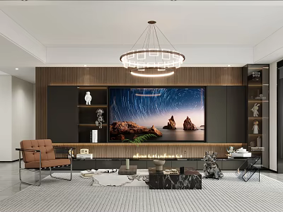 Living Dining Room Interior Design With Chandelier TV Wall Decorative Painting And Wooden Furniture 3d model
