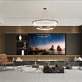 Living Dining Room Interior Design With Chandelier TV Wall Decorative Painting And Wooden Furniture