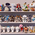 Diverse Decorative Figurine Set with Cartoon Characters Robot Models and Animal Figures on Shelves