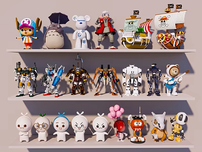 Diverse Decorative Figurine Set with Cartoon Characters Robot Models and Animal Figures on Shelves 3d model