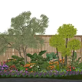 Beautiful Garden With Colorful Flowers And Plants Bamboo Fence Stone Path And Green Trees