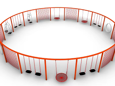 Circular Playground Equipment With Red Frame Netted Fences And Multiple Swings 3d model